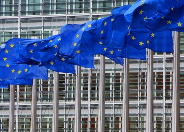 European Union flags are seen outside the European Commission headquarters in Brussels April 12, 200..