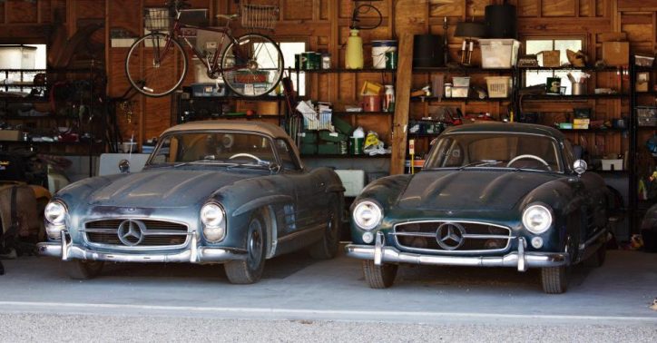 The two unrestored Mercedes-Benz 300 SL Roadster and Gullwing. (Photo Source: South West News Service)